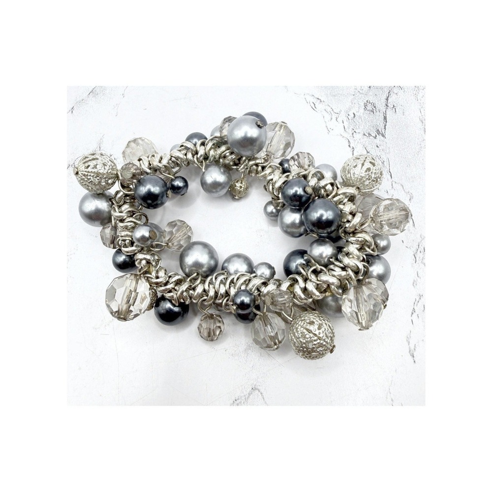 Chunky Silver Gray Beaded Stretch Bracelet Faux Pearl Crystal Statement 6-7"